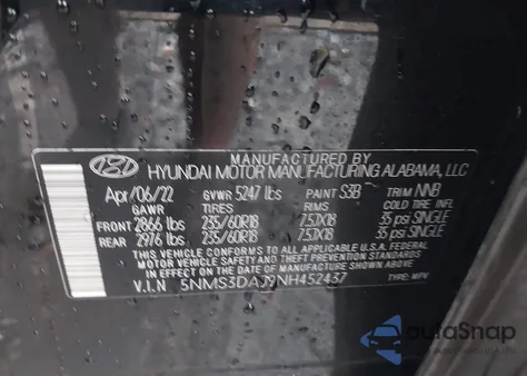 2022 Hyundai Santa Fe Sel из США, поврежденный, VIN 5NMS3DAJ9NH452437